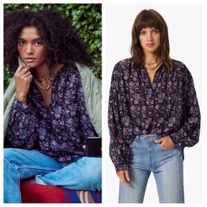 xirena - romi top in black beauty peasant blouse long sleeve floral printed